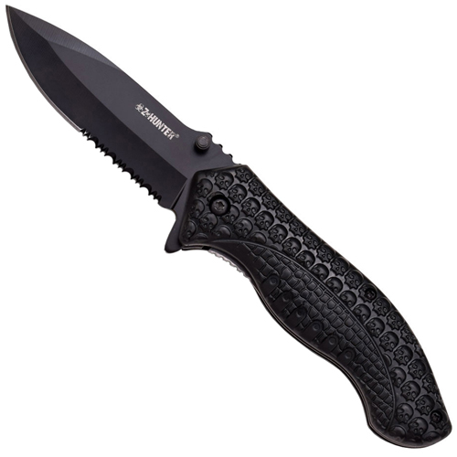 Z-Hunter ABS Skulls Handle Half Serrated Blade Folding Knife