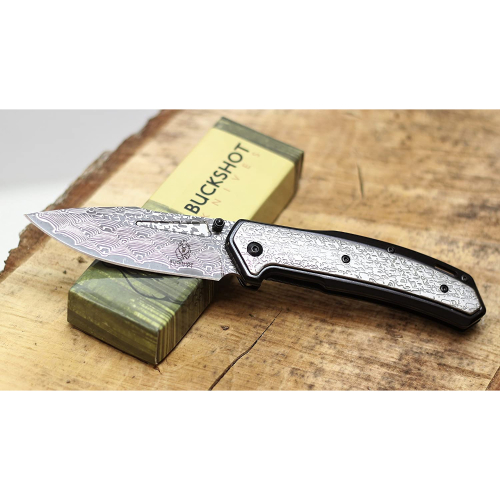 Buckshot Damascus Etched Folding Knife