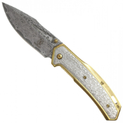 Buckshot Damascus Etched Folding Knife